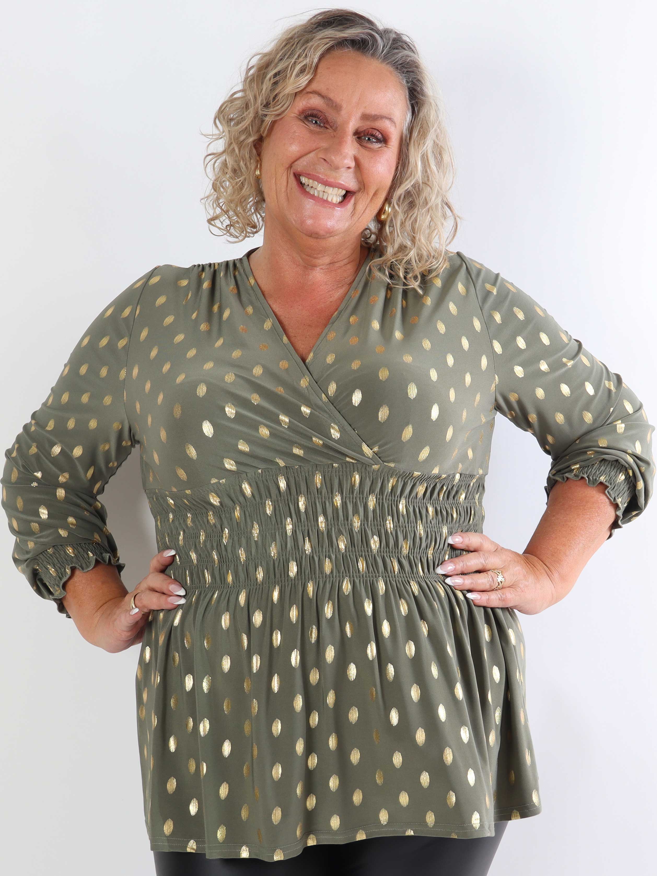 Pams Gold Dot Shirt L/S - Elastisk plus size bluse i krølfrit stof